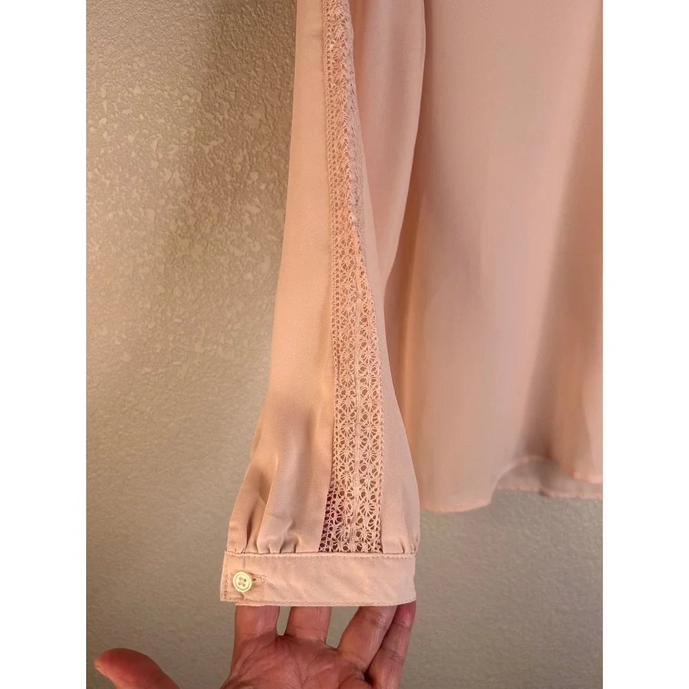 Premise Blush Pink Crochet Lace Trim Long Sleeve Chiffon Boho Top Size Medium